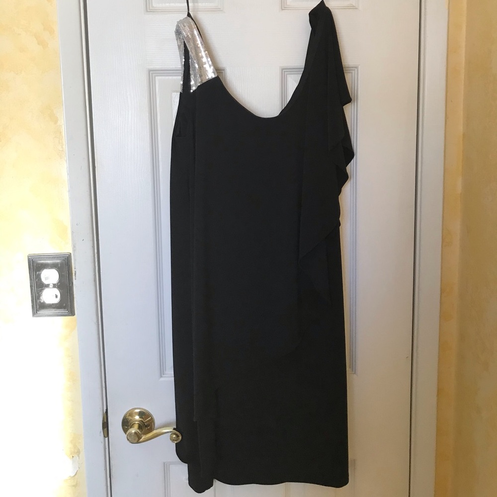 Night Way Black Asymmetric Ruffle Sequin Dress.